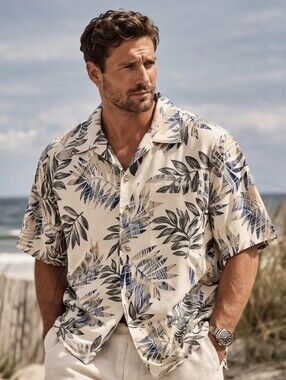 Vintage 90s Hilo Hattie Hawaiian Shirt Rayon Aloha Print Beige Blue Mens L